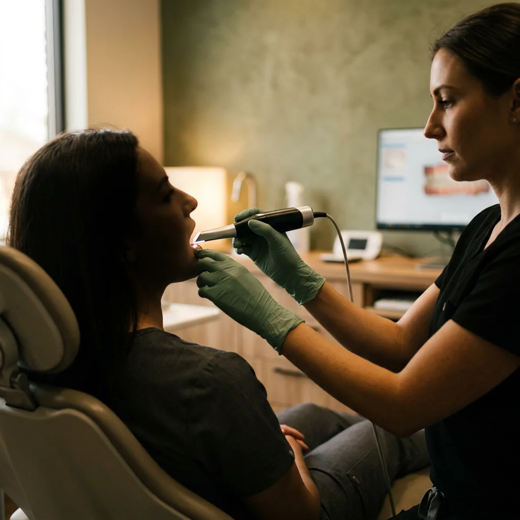 Dentist using advanced dental technology with a patient
