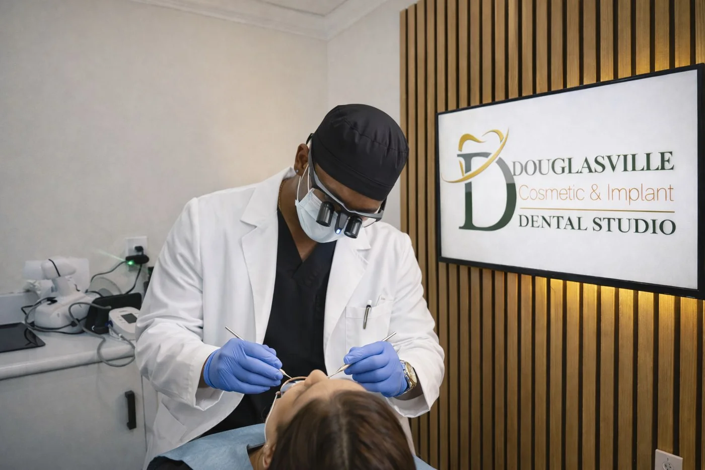 Dr. Anya treating a patient at Douglasville Cosmetic & Implant Dental Studio