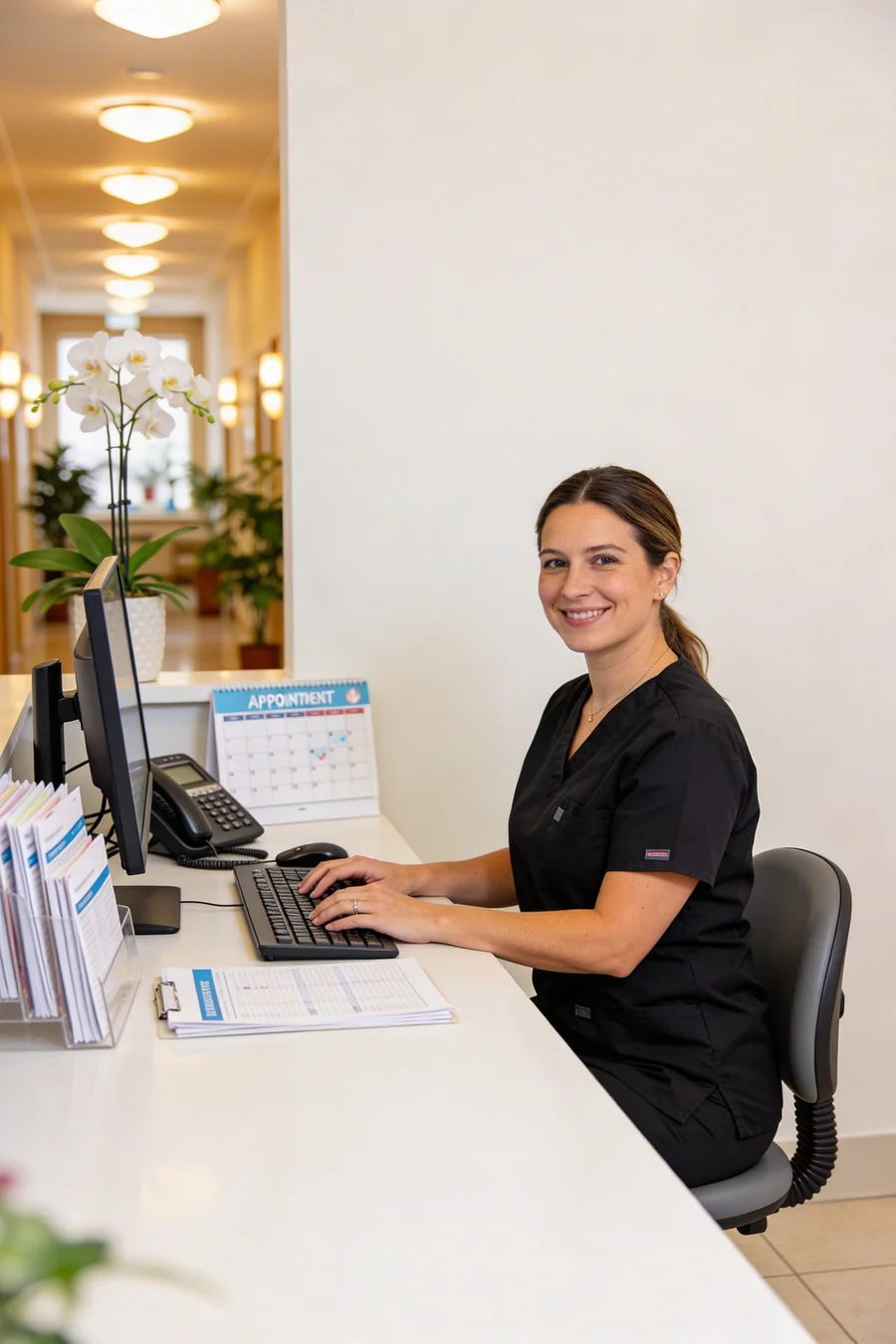 Welcoming front desk receptionist at our office