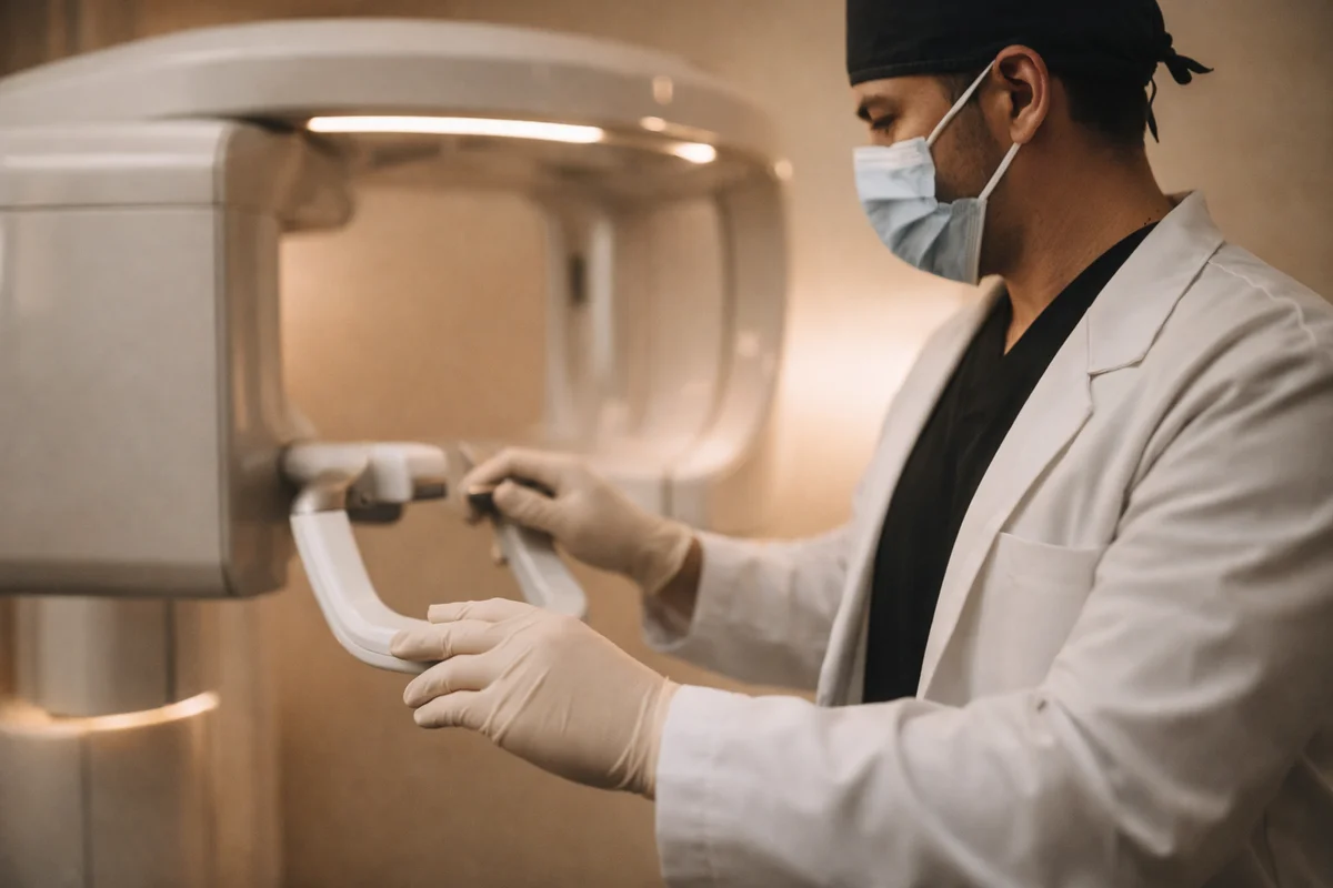 Dentist using panoramic x-ray imaging equipment